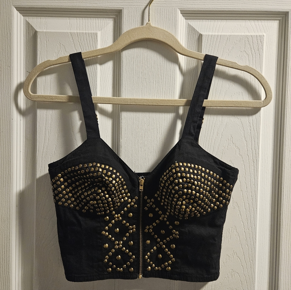 Topshop Petite Black Gold Studded Corset Satin Top